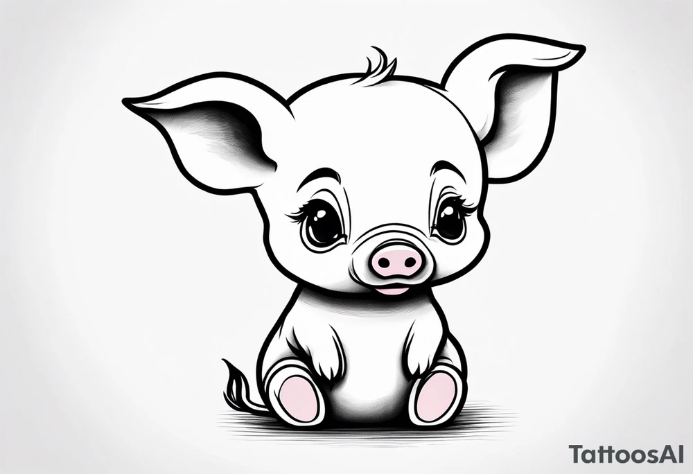 cute simple piglet sitting on bum. big eyes, small/floppy ears. thin lines minimal shading, black and white only, with text "friends not food", white background tattoo idea