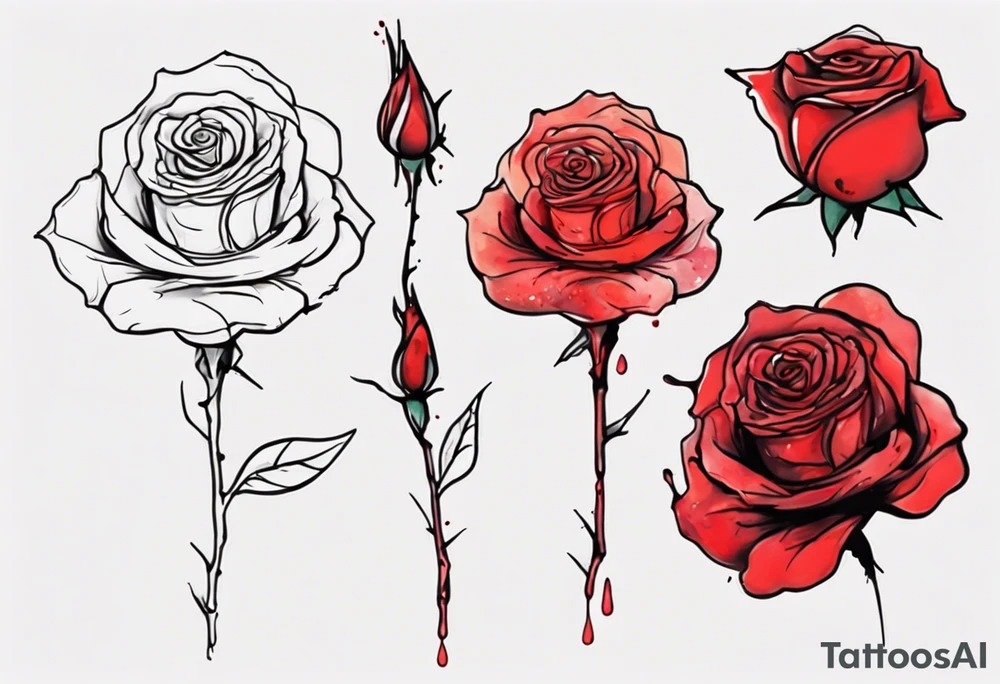 rose flower, one line, red blood dripping from the flower, tall, watercolor, with a t 
placed in the bottom half, simple tattoo idea
