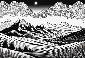 negative blackwork with mountains, hills and wheat field at bottom tattoo idea