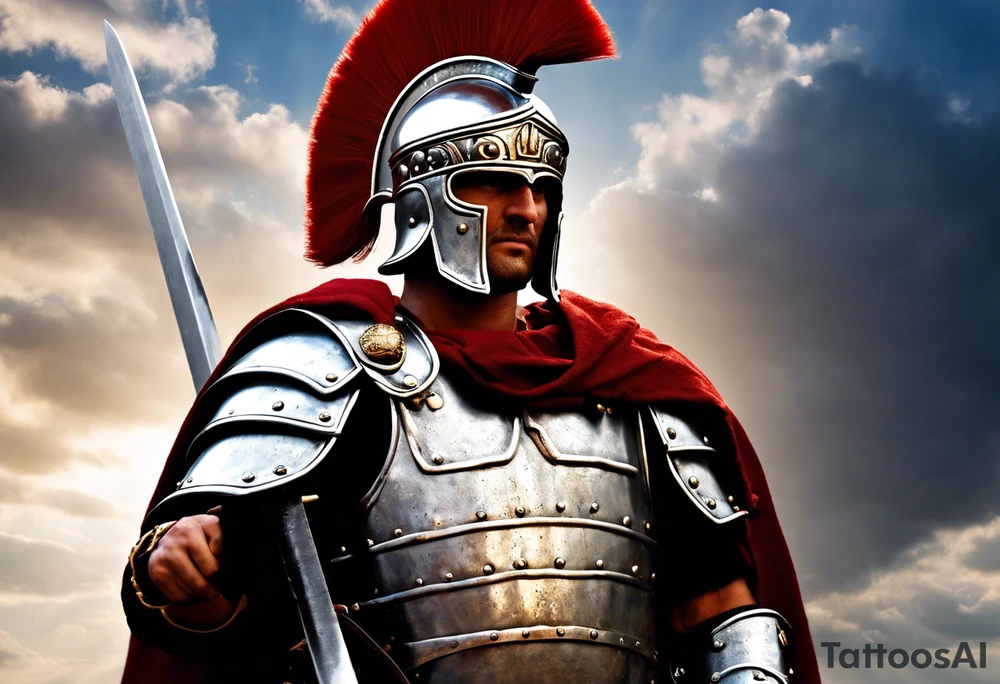 a high ranking roman centurion, soldier, AD 60, wearing armour which must include an armoured belt, breastplate, armoured shoes, shield, helmet and sword. the soldier is strong, tall, large, fit, muscular. the soldier is faceless. We can see the full body of the centurion, from his shoes to his helmet. The soldier is mid-battle, fending off flaming arrows with his shield, advancing towards the enemy, attacking the enemy. attacking pose. The image should be extremely detailed. Need to see the full soldier. tattoo idea