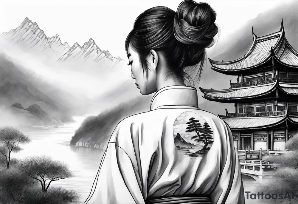 forearm sleeve traditional chinese art painting style autumn mountains mist fog water Chinese temple female with pony tail wearing robes meditating tattoo idea