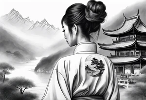 forearm sleeve traditional chinese art painting style autumn mountains mist fog water Chinese temple female with pony tail wearing robes meditating tattoo idea