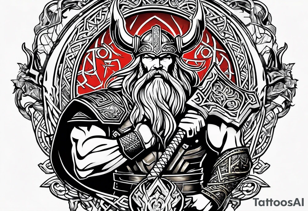 Thor with him holding mjolnir and a vignette of viking rune design tattoo idea