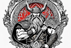 Thor with him holding mjolnir and a vignette of viking rune design tattoo idea