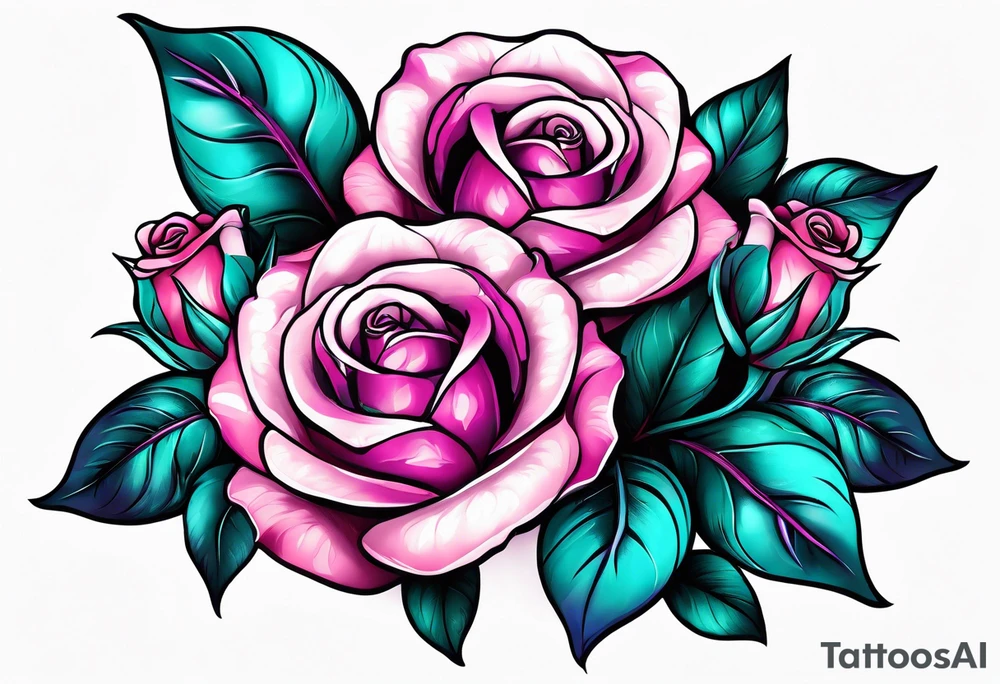 Pink purple roses with teal leaves tattoo idea