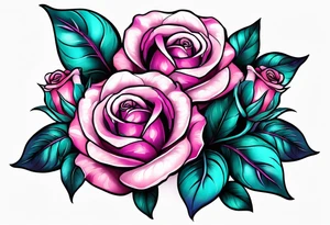 Pink purple roses with teal leaves tattoo idea