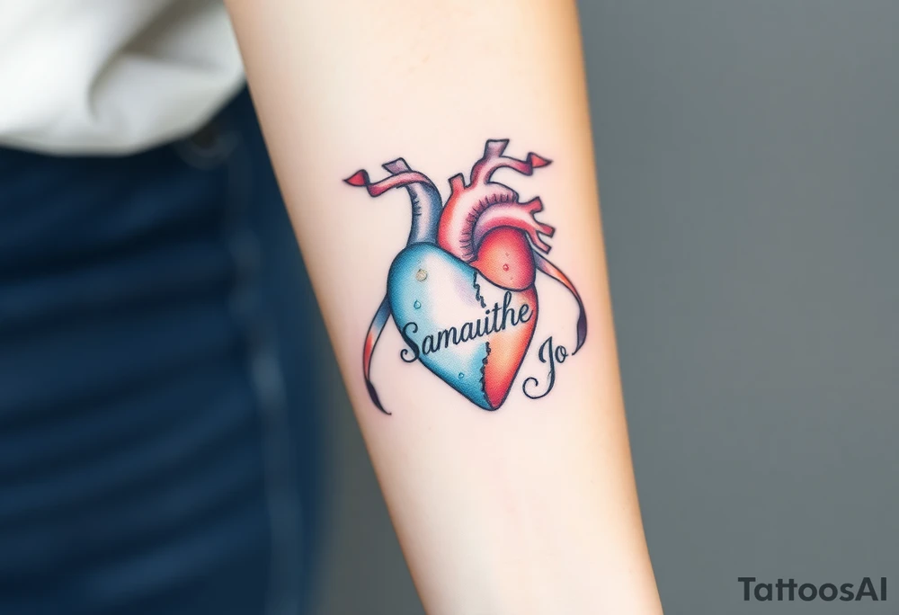anatomical heart with flowing ribbons with the name Samantha Jo tattoo idea