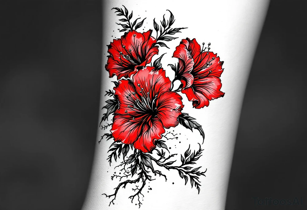 vertical wrist size red  and black rhododendron trippy with Himalayas behind tattoo idea