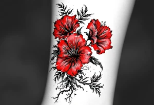 vertical wrist size red  and black rhododendron trippy with Himalayas behind tattoo idea