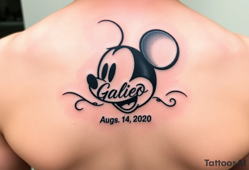 mickey mouse symbol with the name Galileo and the date August 14,2020, incorporated tattoo idea