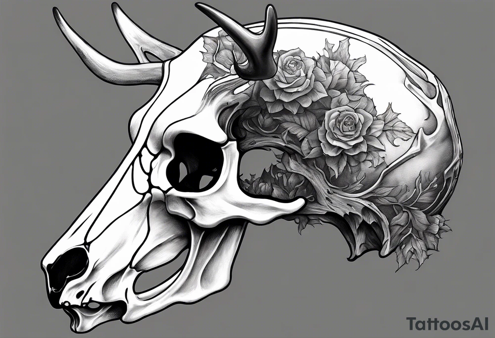 A side view of a decayed deer skull with no skin JUST BONE flames tattoo idea