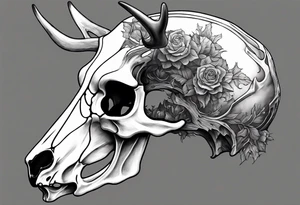 A side view of a decayed deer skull with no skin JUST BONE flames tattoo idea