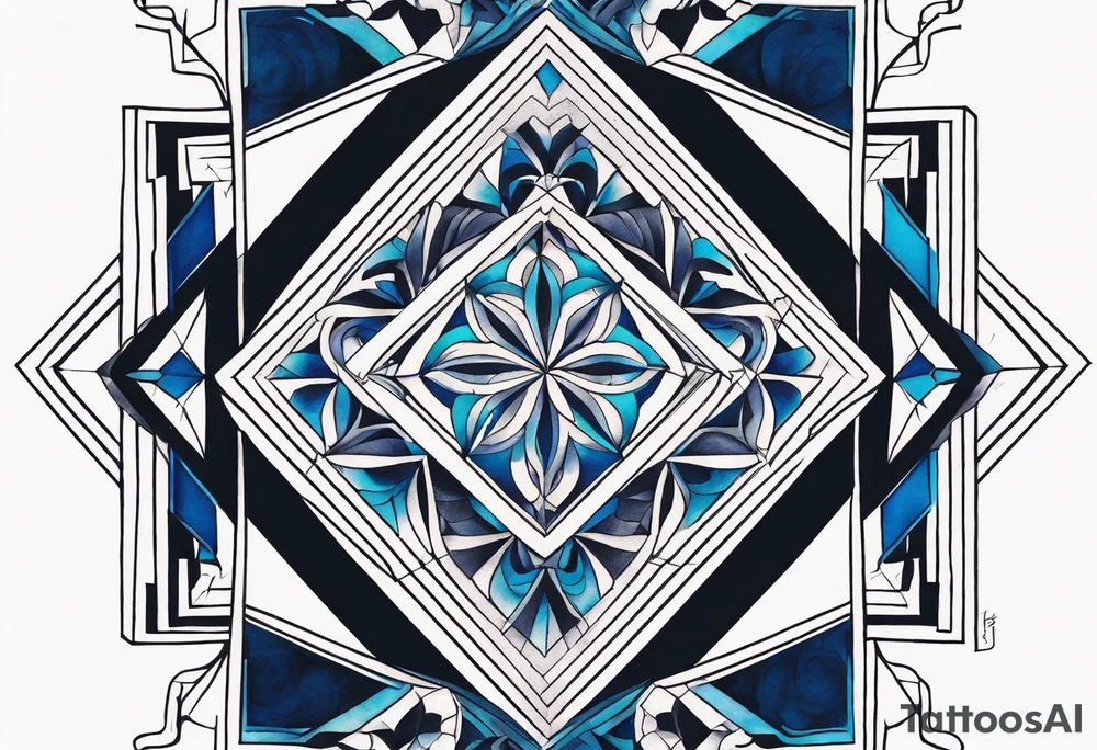 semi Detailed neo traditional knee tattoo flat on paper. The tattoo features geometric patterns and bold lines, creating a visually striking design with slight tints of deep fall colors. The a background featuring deep blues washes and water swirls tattoo idea