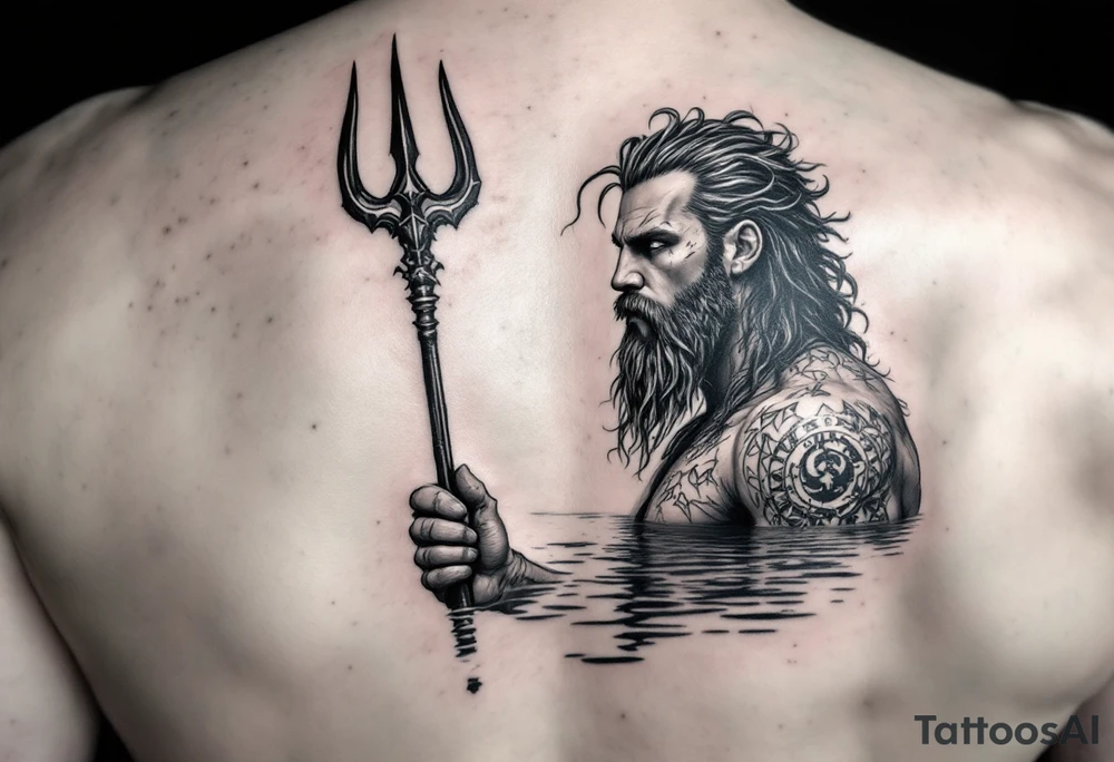 fit poseidon, with trident, in calm water, looking at the horizon tattoo idea
