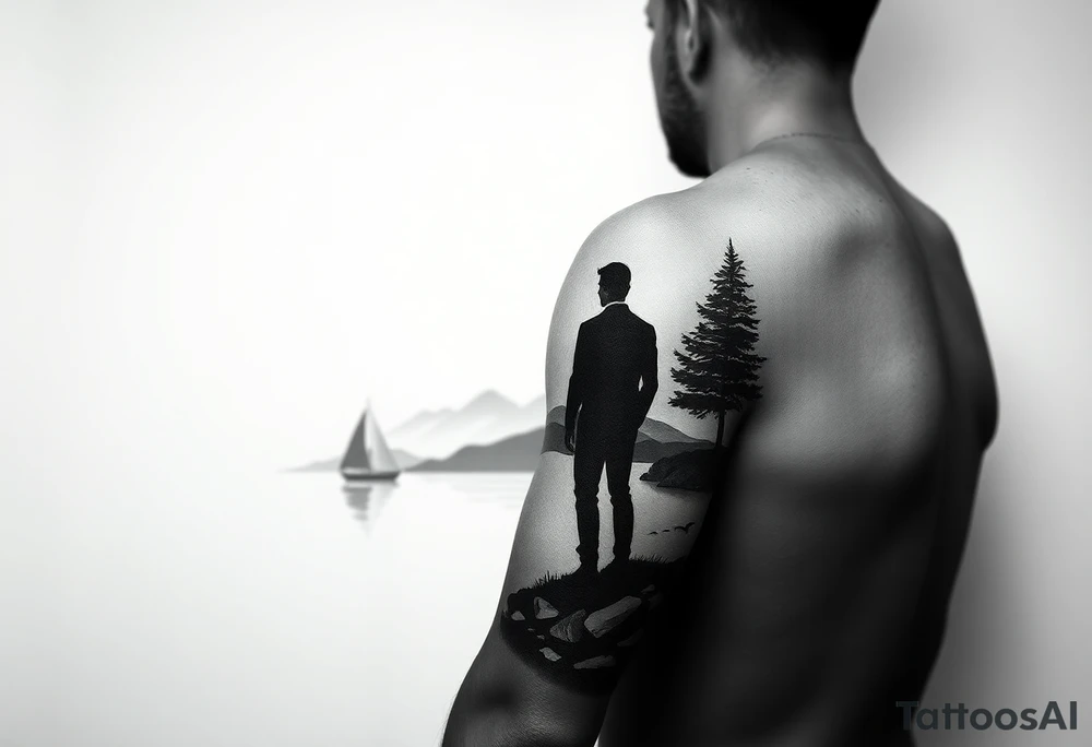 I want a minimalist design that will go on my right bicep, of a man's silhouette of a man on a shoreline, with a tree to his left, looking out at mountains in the distance, and a sailboat in the foreground.  but I want this around the arm, elbow and bicep area.  more of a wrap around on the arm please tattoo idea