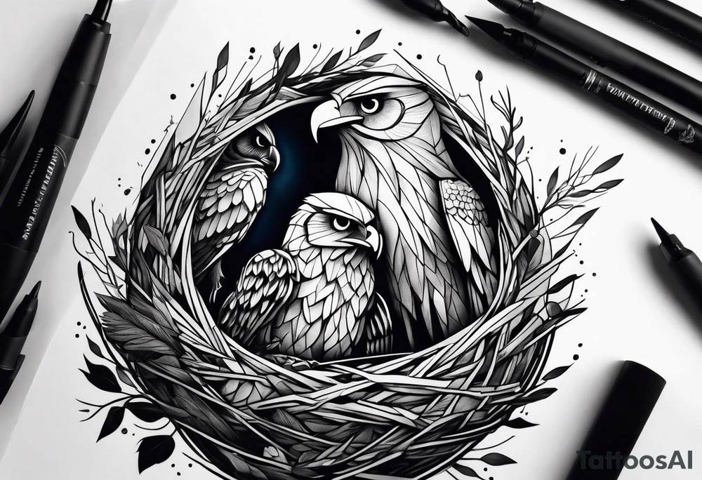 Owl, raven, eagle cuddled in a nest, looking down into the nest tattoo idea
