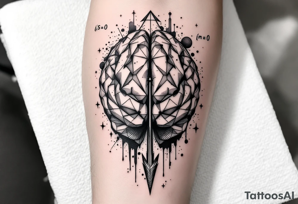 A geometric, vertical, front-seen brain. A detailed arrow crosses from below and exit from the top, with its tip desintegrating to represent entropy and watercolor stains spilled from the arrow. Around of the main tattoo, math and physics formulas, including the formulas "ΔS ≥ 0" and "(iδ + m) Φ = 0" tattoo idea