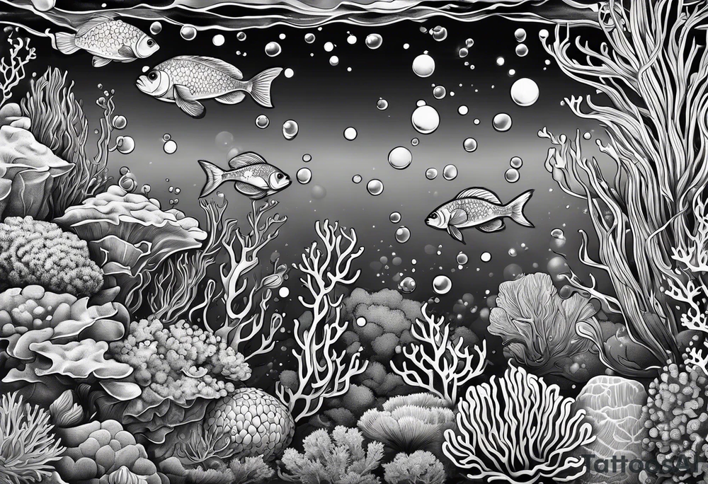 dark 
underwater coral reef with bubbles and fish tattoo idea