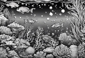 dark 
underwater coral reef with bubbles and fish tattoo idea