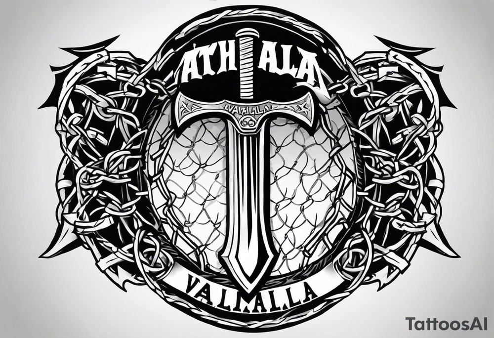 Valhalla round shield axe barbed wire chains tattoo idea