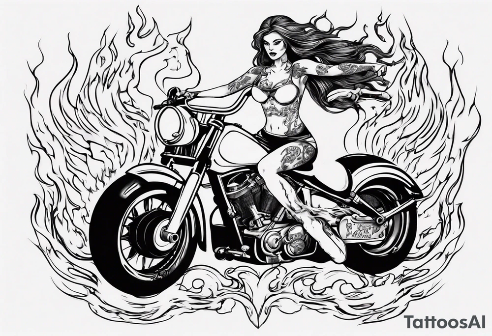 i want a tattoo of a girl riding a motorcycle with flames the words “Viking Customs” tattoo idea