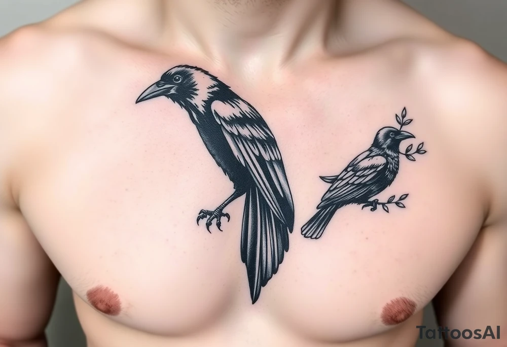 a crow holding a torch in its beak and a crow holding an olive tree in its beak tattoo idea