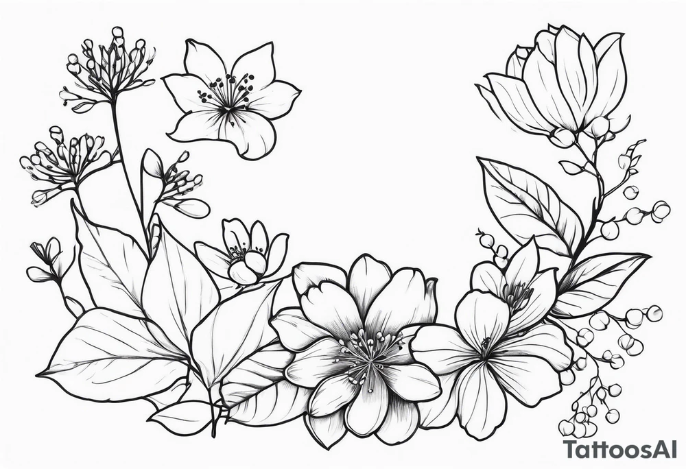 minimalist s-curve of cosmos flower, cherry blossoms, rowan tree berries and flowers, and lily of the valley tattoo idea