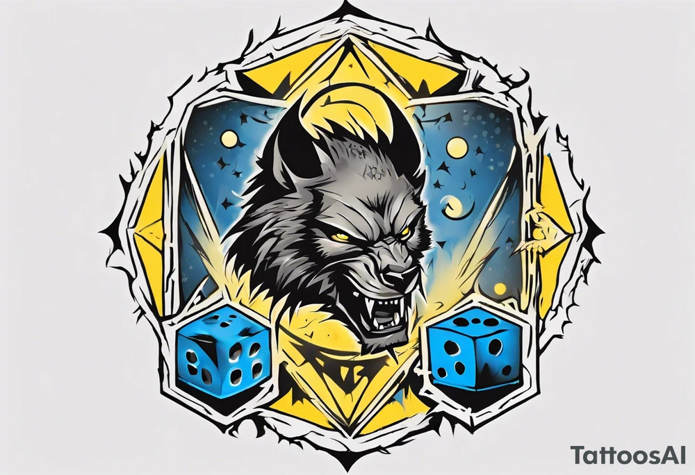 A large 20 sided Dice in the center with numbers and wolverine claw marks framing the area underneath the dice and a werewolf howling at the moon in the background, and blue and yellow faded background color tattoo idea