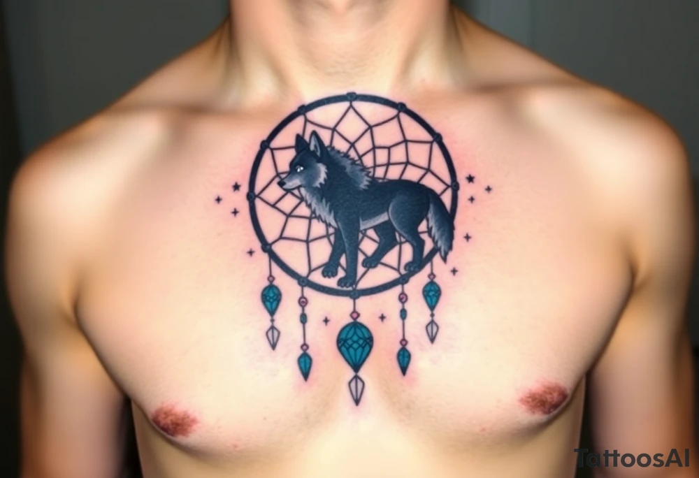 A wolf’s silhouette within a dreamcatcher, with stars scattered across the background. The wolf is shaded in black and gray, and the dreamcatcher is deep indigo with teal accents tattoo idea