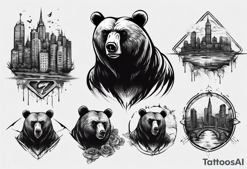 Serious bear coming up behind a city tattoo idea Serious bear coming up behind a city tattoo idea