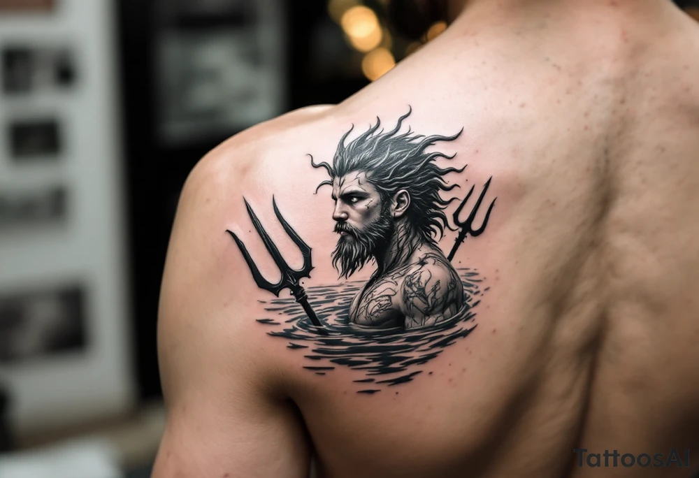 young poseidon, with trident, in water, looking at the horizon tattoo idea