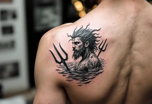 young poseidon, with trident, in water, looking at the horizon tattoo idea