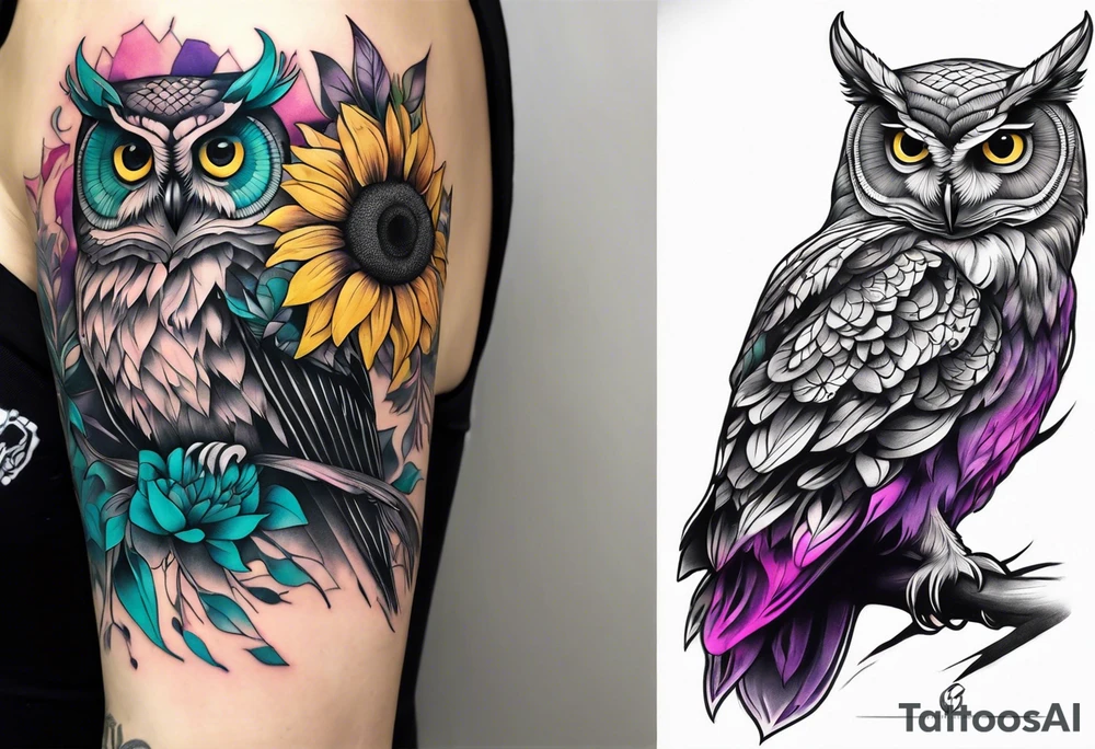 Black and white owl shaded teal, pink and purple surrounded by yellow sunflowers sleeve tattoo idea