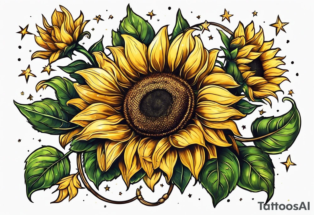 sunflower braslet surrounded with little stars, tree and arrow tattoo idea