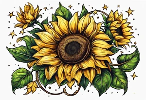 sunflower braslet surrounded with little stars, tree and arrow tattoo idea