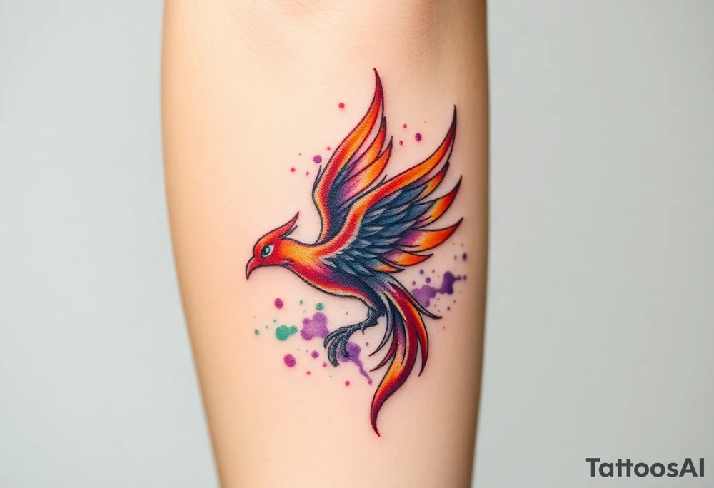 Phoenix with blazing flames with purple and green splashes tattoo idea