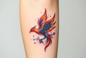 Phoenix with blazing flames with purple and green splashes tattoo idea