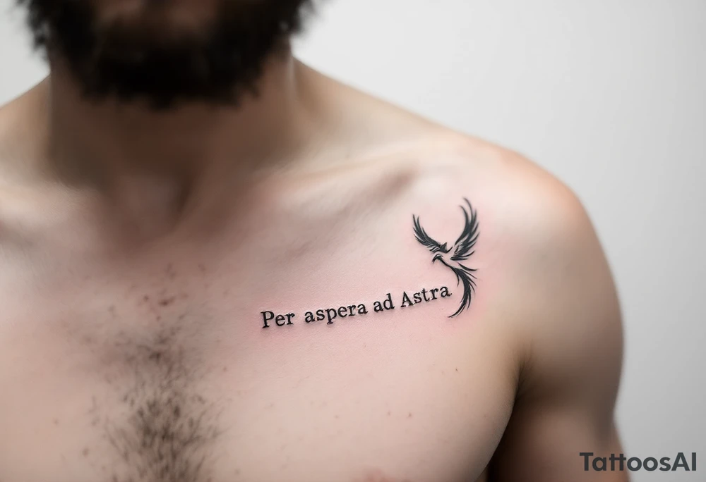 Inked in crimson and charcoal, this tattoo pairs the Latin phrase "Per aspera ad Astra" with a rising phoenix, evoking triumph through pain. tattoo idea