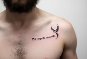 Inked in crimson and charcoal, this tattoo pairs the Latin phrase "Per aspera ad Astra" with a rising phoenix, evoking triumph through pain. tattoo idea