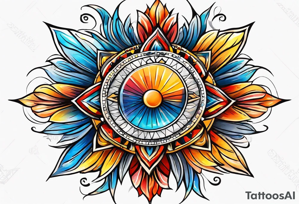 sunburst with yellow, orange, red, and blue colors tattoo idea