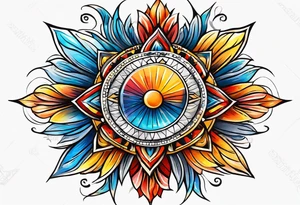 sunburst with yellow, orange, red, and blue colors tattoo idea
