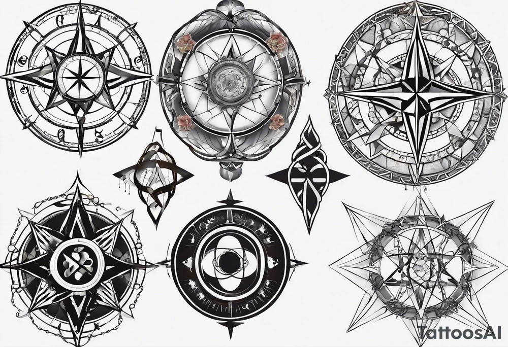 Create a tattoo sketch that visually represents the concept of us having no control of our genetics and free will, and the struggle a mind has with this. Concepts that are fine to include is time, compass rose, dna, breaking chains and consciousness itself. The sketch should have concepts blend and flow into each other. It should be aimed to fit in the left side of a man’s chest, possibly extending a bit up the elbow. It can be a bit circular, but if so things should break out of the circle sometimes. Don’t make the whole thing a compass rose. tattoo idea
