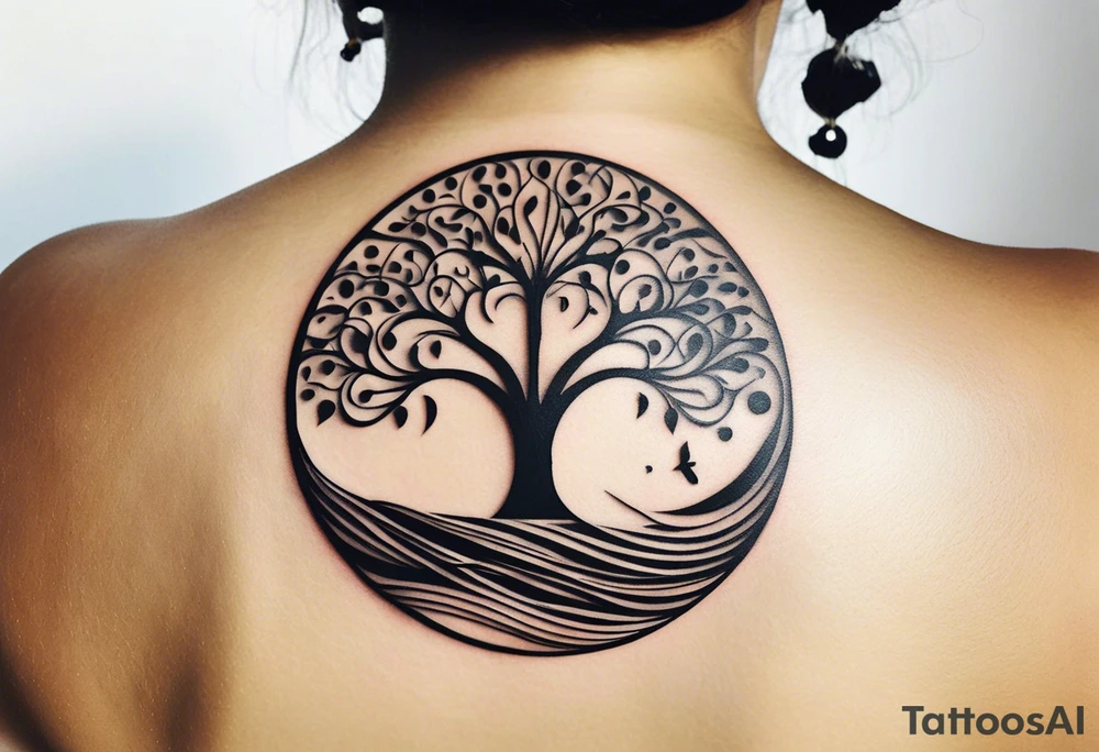 A tattoo design that incorporates the following elements: an abstract tree of life that has roots emerging  from the ground. Waves of water wrap around the tree in a non symmetrical design.  Incorporate musical notes into the tree. the letters U and A are overlapping and engraved into the tree. incorporate a golf ball or golf course symbols like a flag but not prominent. tattoo idea