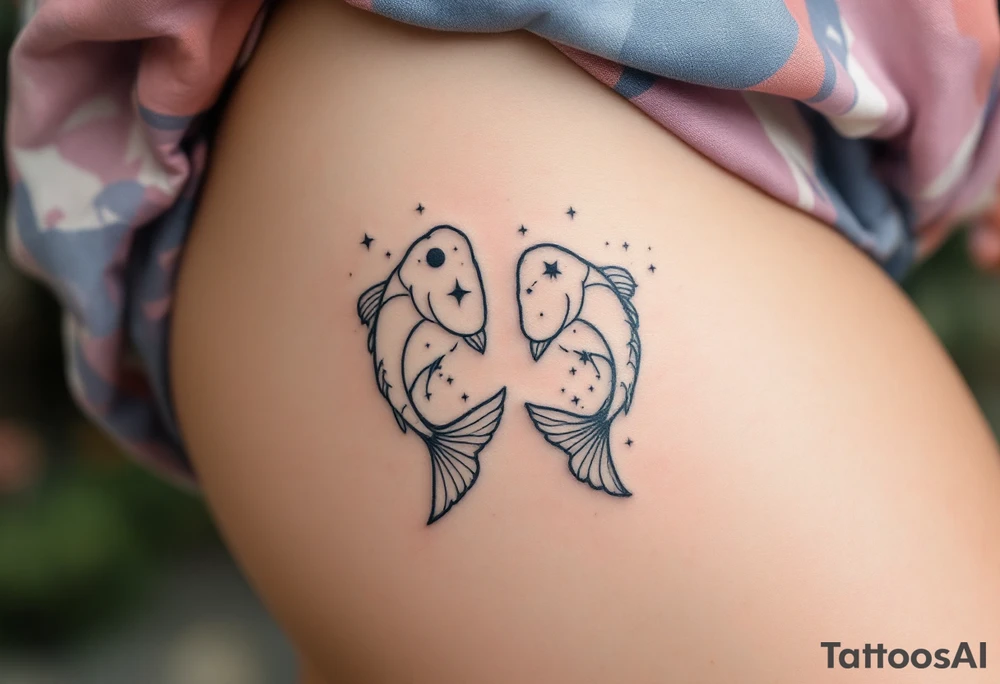 A black-ink Pisces glyph anchors this design, with the Pisces star constellation fading into a soft sky-blue mist. tattoo idea