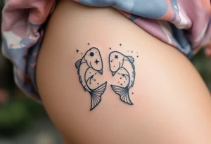 A black-ink Pisces glyph anchors this design, with the Pisces star constellation fading into a soft sky-blue mist. tattoo idea