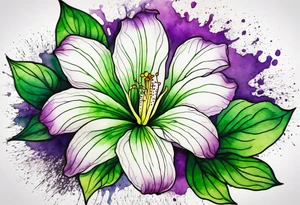 An outline of an only green rio dipladenia flower and a green and purple watercolor splash in the background tattoo idea