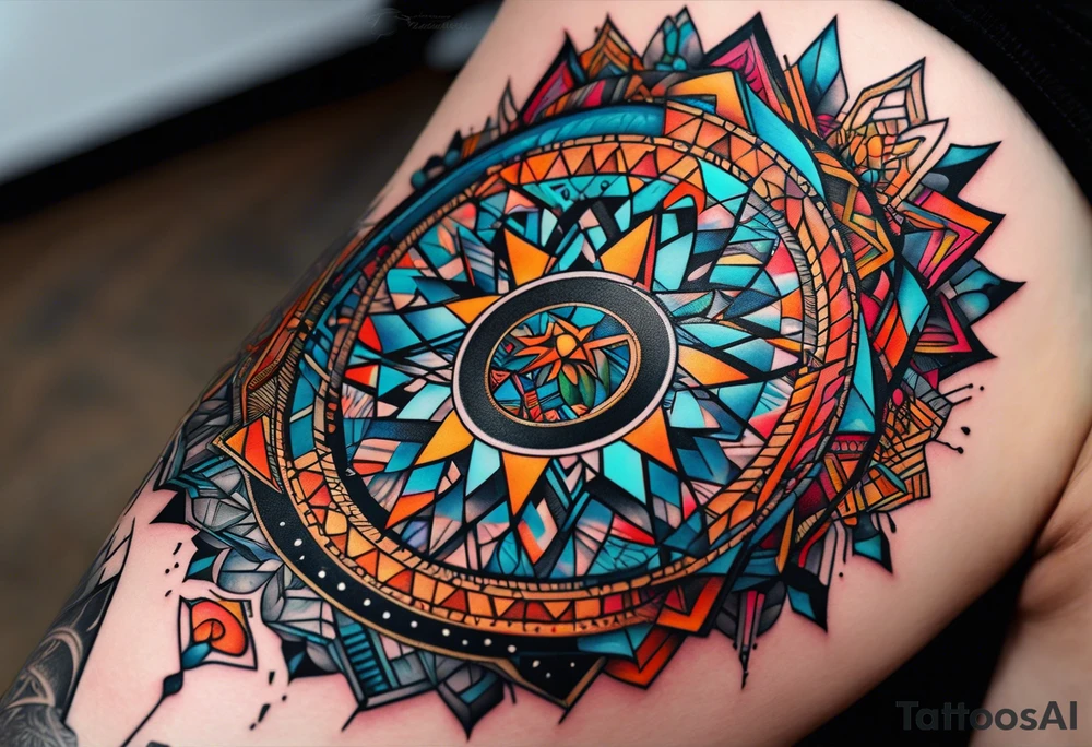 A tattoo design featuring geometric patterns and symbols inspired by psytrance and techno music, creating a unique and futuristic look. tattoo idea