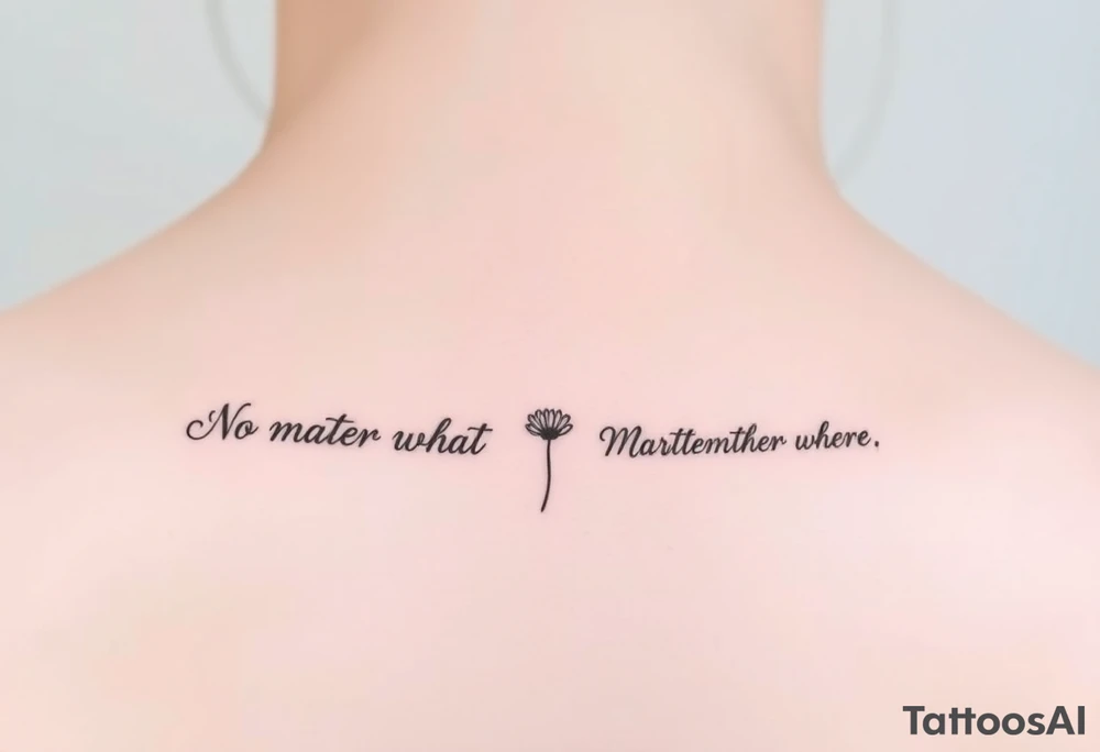 A delicate cursive tattoo with the quote ‘No matter what’ (for one person) and ‘No matter where’ (for the other), placed along the collarbone. At the end of each quote, incorporate a soft, feminine flower design — such as a small lotus, daisy, or wildflower — that flows naturally from the end of the text, as if the flower is part of the lettering or subtly blooming from the last word.
Design should feel light, elegant, and symbolic of connection and unconditional love between mother and daughter. Style should be fine line or single-needle, black ink only, minimalistic and graceful. tattoo idea
