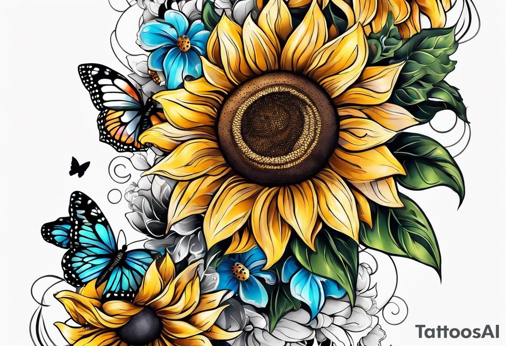 Arm sleeve with sunflowers and butterflies tattoo idea