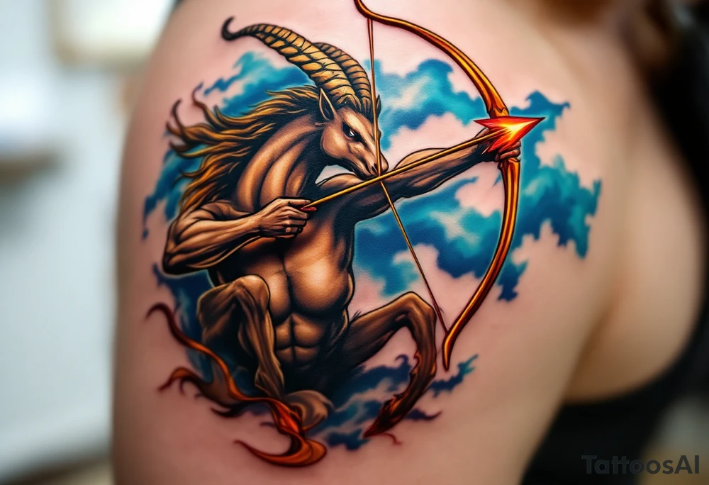 A dynamic tattoo of a centaur, the symbol of Sagittarius, with a golden bow pulled taut, ready to shoot. The centaur’s body is shaded in deep brown tones, and the arrowhead has a bright red-orange glow. The background has an ethereal blue mist that radiates outward, symbolizing Sagittarius’ free-spirited nature. tattoo idea